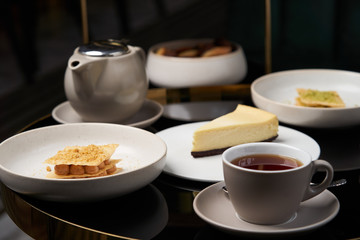 Traditional tea ceremony. Sweets dessert cookies cake and teapot