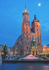 St Mary Basilica in the Main Market Square of the Old City in Krakow in Poland at Christmas