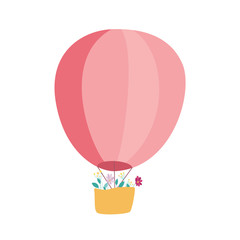 Pink hot air balloon with flowers in basket isolated on white background.