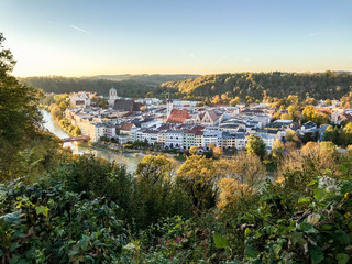 View from the mountains over Wasserburg city and Inn river at sunset