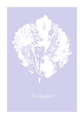 Minimalistic purple invitation. Сard with white leaf print