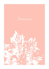 Minimalistic peachy invitation. Сard with white leaf print.