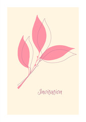 Minimalistic pink invitation. Сard with leaf print.