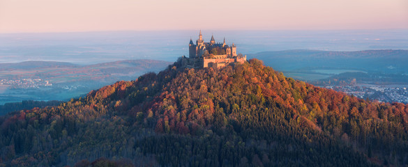 Hohenzollern Castle on mountain top, Germany. Scenic panorama