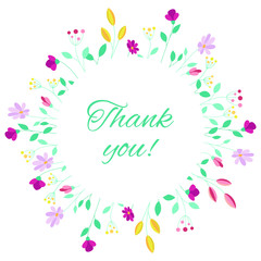 Fototapeta na wymiar White greeting card with a floral bright frame. Thank You Appreciation card.
