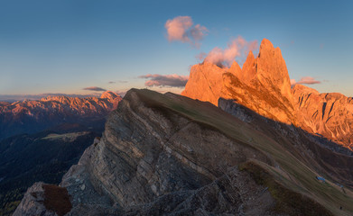 Beautiful alpine highlands Panorama. Amazing view of Seceda peak in Dolomite Alps.