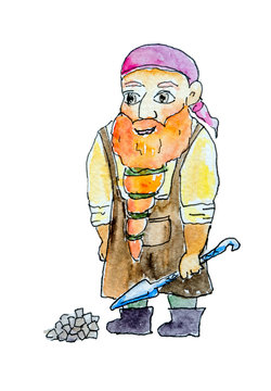 Dwarf or gnome from Scandinavian mythology painted in watercolor