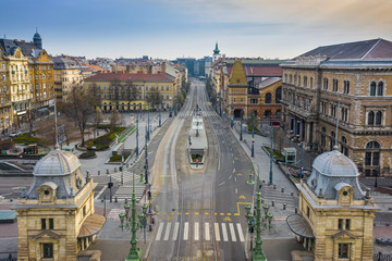 Budapest, Hungary - Aerial view of Fovam square and totally empty streets at Vamhaz Boulevard...