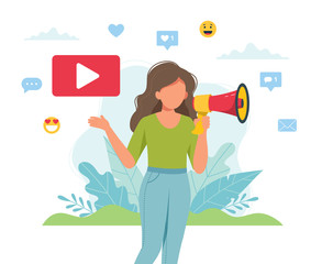 Female video blogger making announcement with megaphone. Cute vector illustration in flat style