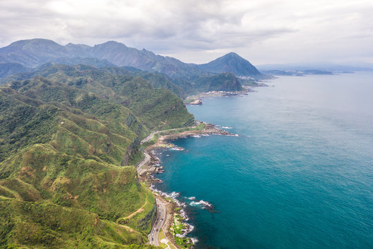Aerial view of BiTouCape LightHouse, northeast corner, New Taipei City, Taiwan.