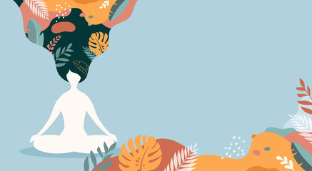 Coping with stress and anxiety with mindfulness, meditation and yoga. Vector background in pastel vintage colors with a woman sitting cross-legged and meditating. Vector illustration