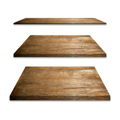 collection of brown wooden shelves on isolated white background. Objects with Clipping Paths. use for showing product advertisement design work