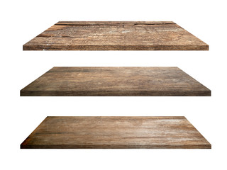 collection of brown wooden shelves on isolated white background. Objects with Clipping Paths. use for showing product advertisement design work