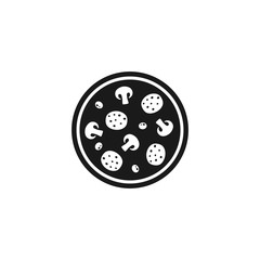 Round pizza with mushrooms, salami and olives black isolated glyph icon.