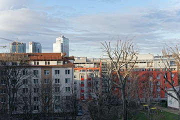 Fototapeta na wymiar Bratislava skyline, cityscape, communist buildings a park