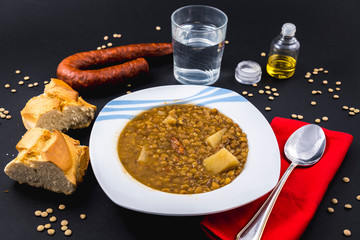Homemade recipe of a finished Spanish lentil dish
