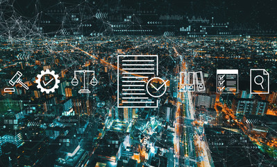 Compliance concept with aerial cityscape view of Japan at night