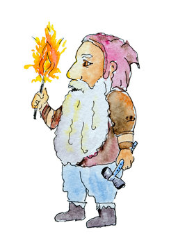 Dwarf or gnome from Scandinavian mythology painted in watercolor