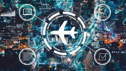 Flight ticket booking concept with aerial view of Tokyo, Japan at night