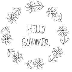 Floral wreath with chamomile or daisy flowers. Hello summer card in vector