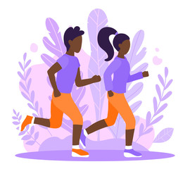 Young man and woman jogging in the park. Afro american couple. Modern flat style vector illustration. The girl and the guy do outdoor sports. Healthy lifestyle and running.