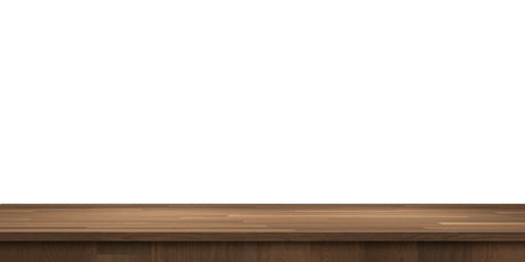 Empty brown wooden table top isolated on white background  with clipping path, Use as products display montage. Vintage style concept free space use for your copy and branding.3d illustration