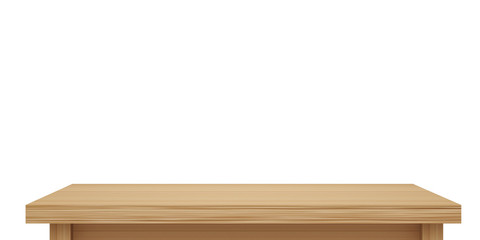 Empty light wooden table top isolated on white background with clipping path, of free space for your copy and branding. Use as products display montage. Vintage style concept  present, 3d illustration