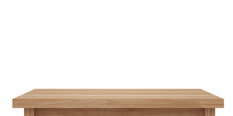 Naklejka na ściany i meble Empty light wooden table top isolated on white background with clipping path, of free space for your copy and branding. Use as products display montage. Vintage style concept present, 3d illustration