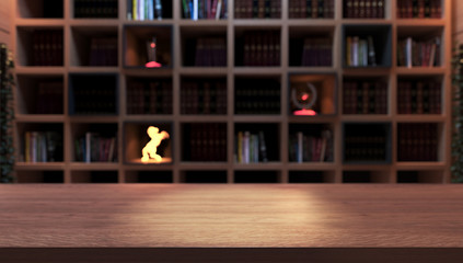 Empty wooden desk front of bookshelf from library © creo2