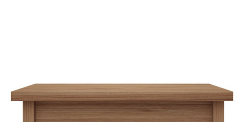 Empty brown wooden table top isolated on white background with clipping path, of free space for your copy and branding. Use as products display montage. Vintage style concept  present, 3d illustration