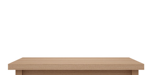 Empty light wooden table top isolated on white background with clipping path, of free space for your copy and branding. Use as products display montage. Vintage style concept  present, 3d illustration