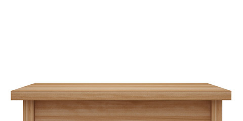 Empty light wooden table top isolated on white background with clipping path, of free space for your copy and branding. Use as products display montage. Vintage style concept  present, 3d illustration