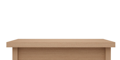 Empty light wooden table top isolated on white background with clipping path, of free space for your copy and branding. Use as products display montage. Vintage style concept  present, 3d illustration