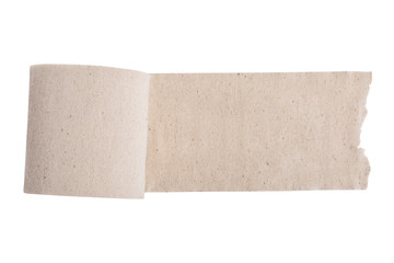 Roll of ecological toilet paper isolated on white background. Made with natural material. Top view. Free copy space for text.