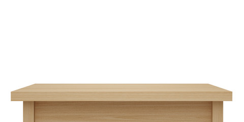 Empty light wooden table top isolated on white background with clipping path, of free space for your copy and branding. Use as products display montage. Vintage style concept  present, 3d illustration