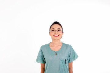 Young asian malay female doctor waring green scrub uniform happy smile look at camera on white background