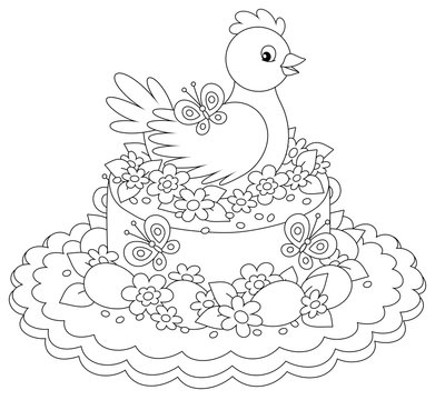 Fancy Easter toy hat made like a sweet holiday cake with a cute small hen, painted eggs, garden flowers and flittering butterflies, black and white vector cartoon illustration for a coloring book