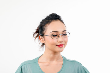 Fototapeta premium Young asian malay female doctor waring green scrub uniform happy smile look left on white background