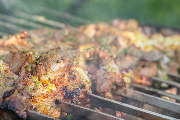 marinated pork skewers on skewers are grilled on the grill, and at the same time smoked with wooden charcoal smoke
