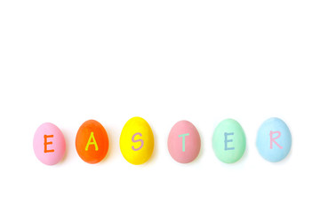 Perfect colorful handmade easter eggs with the letter EASTER isolated on a white background. Easter day concepts. Funny decoration. Happy Easter.