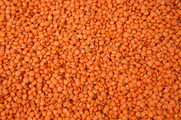Heap of red lentil (masoor dal) texture as background. Top view.
