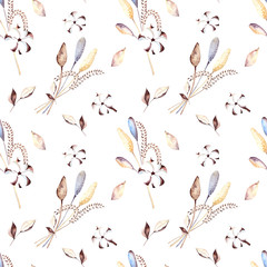 Watercolor seamless pattern. Dry leaves and cotton, herbarium.