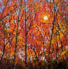 Obrazy  Oryginalny obraz olejny na płótnie. Słoneczny jesienne drzewa leśne. Współczesny impresjonizm. Jesienny park złoty żółty pomarańczowy czerwony drzew w krajobraz światło słoneczne. Kwadratowe malarstwo akrylowe
