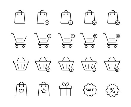 Set of Shopping bag and baslet icons for online store. Web Shop linear signs.