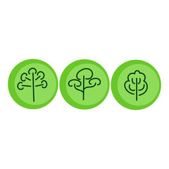 Set of Isolated trees in the style of lineart on a green background, a collection of flat signs for the forest, Park and garden . Suitable for web pages, mobile apps , printed products