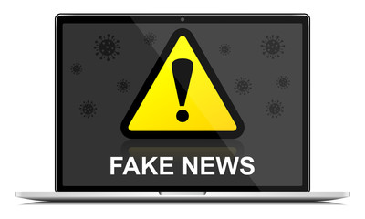 Fake news warning sign on laptop screen, coronavirus covid-19 concpet vector illustration