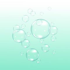 Realistic blue underwater air bubbles on white background. Effervescent drink.Soda pop. Bubbles in a liquid, sea, lake, ocean.Undersea vector texture.