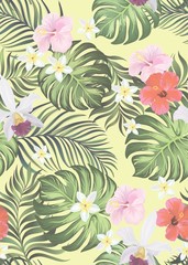 Exotic tropical flowers  hibiscus palm leaves pattern seamless. Jungle vector vintage wallpaper