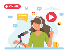 Female podcaster talking to microphone recording podcast in studio. Vector illustration in flat style