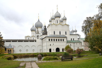 Fototapeta na wymiar Church of Resurrection. Crossings on walls of the Kremlin. Belfries. Passage to Cathedral Square. Rostov Kremlin, one of oldest town and tourist center of Golden Ring. Rostov, Yaroslavl Region, Russia